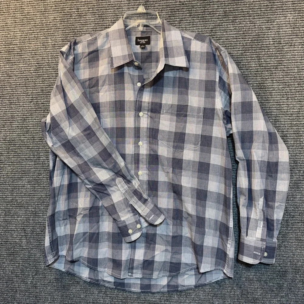 Haggar No Iron Mens Large Blue Plaid Wrinkle Resistant Button Down Long Sleeve